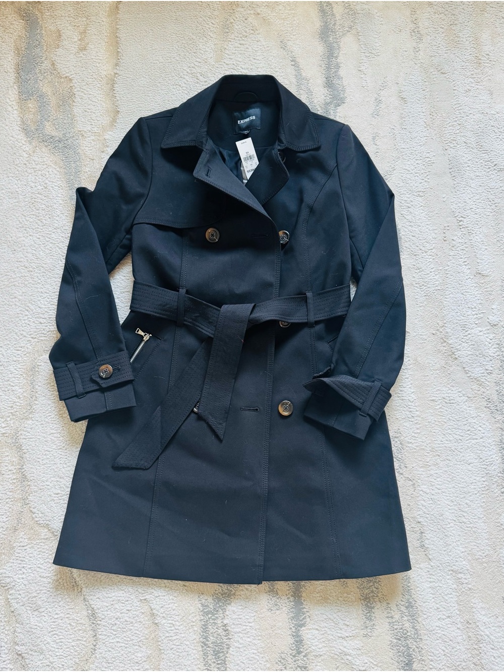 Express Black Double-Breasted Belted Trench Coat